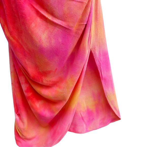 Raw SiLK Gauze CheyAnn Benedict Rainbow Tie Dye Dress Pleated Slit Beachy USA L - Picture 2 of 8